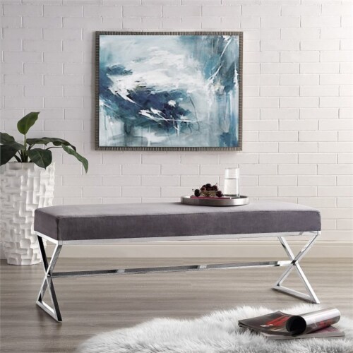 Colin Velvet X Leg Chrome Base Bench Grey 1 Baker s
