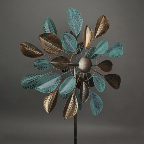 Copper and Verdigris Leaf-Shaped Double Pinwheel Wind Spinner Garden Stake 63 Inches Perspective: back