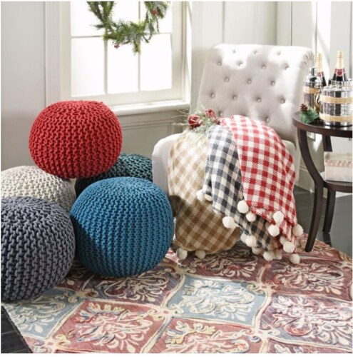 Blush 15 x17  Gum Drop 100% Cotton Knitted Round Pouf Foot Stool Ottoman Perspective: back