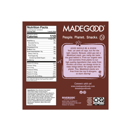 MadeGood® Chocolate Chip Organic Granola Bites Perspective: back