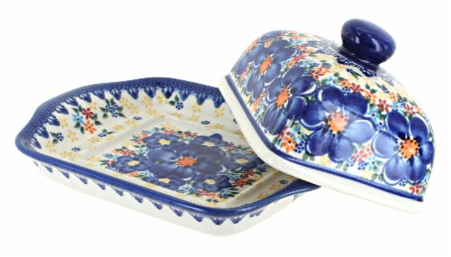Blue Rose Polish Pottery Blue Dahlia Square Butter Dish Perspective: back