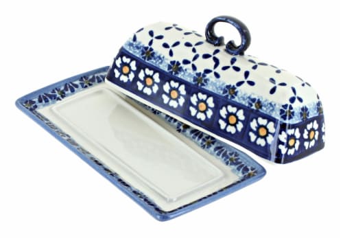 Blue Rose Polish Pottery Country Blue Daisy Butter Dish Perspective: back