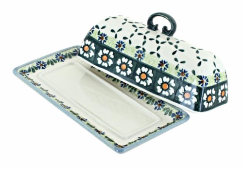 Blue Rose Polish Pottery Country Green Daisy Butter Dish Perspective: back