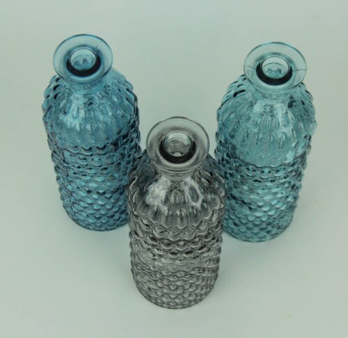 Blue Green and Grey Decorative Textured Glass Bottles Set of 3 Perspective: back