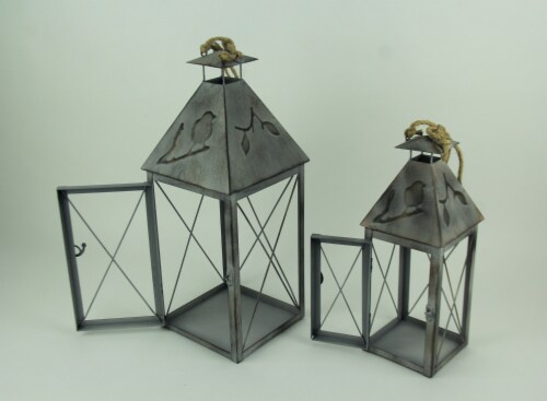 Vintage Grey Metal Bird On Branch Square Candle Lantern Set of 2 Perspective: back
