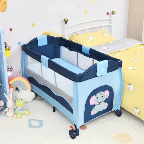 Blue Baby Crib Playpen Playard Pack Travel Infant Bassinet Bed Foldable Perspective: back