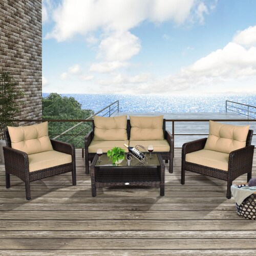 Costway 4PCS Patio Rattan Furniture Set Loveseat Sofa Coffee Table, 1