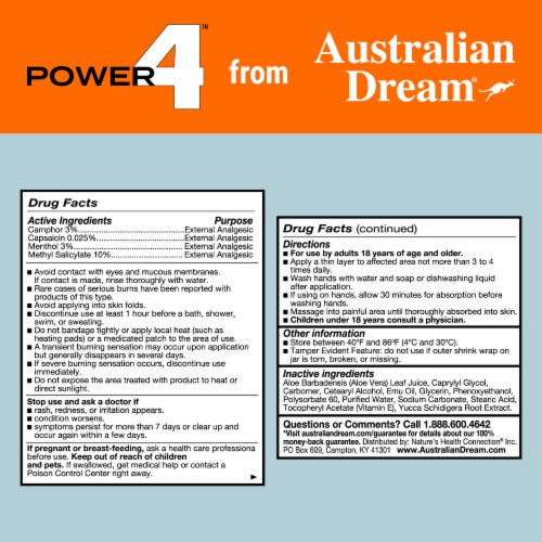 Australian Dream Power 4 - Muscle and Joint Pain Relief Cream - 4oz Jar Perspective: back