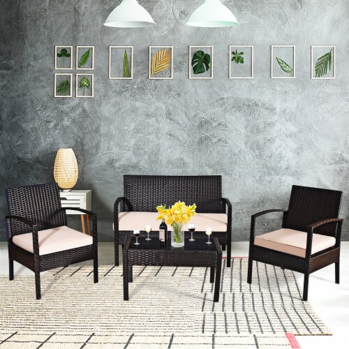 Costway 4PCS Patio Rattan Conversation Furniture Set Cushioned Seat Glass Table Perspective: back