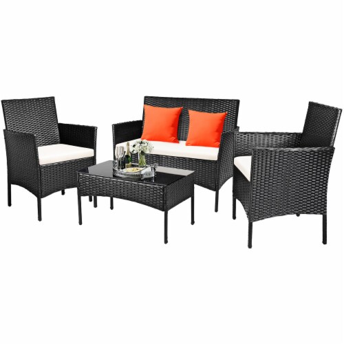 Costway 4PCS Patio Rattan Furniture Set Cushioned Sofa Coffee Table Backyard Porch White Perspective: back