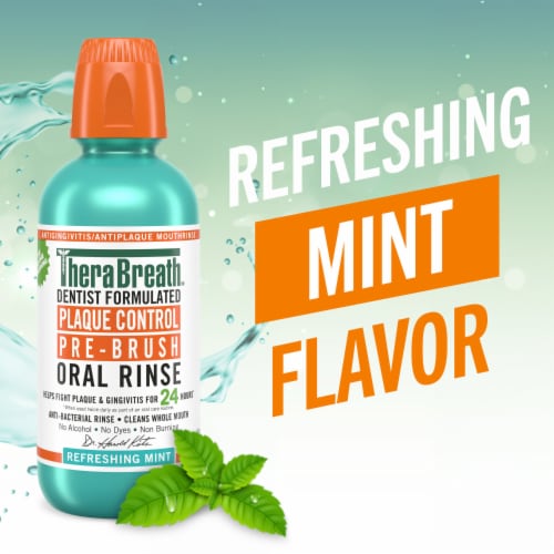 TheraBreath Plaque Control Pre-Brush Refreshing Mint Flavor Oral Rinse Perspective: back