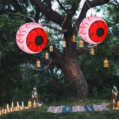 Costway 2 Pack 3 FT Halloween Inflatable Eyeballs w/ Air Blower & Red LED Lights Perspective: back