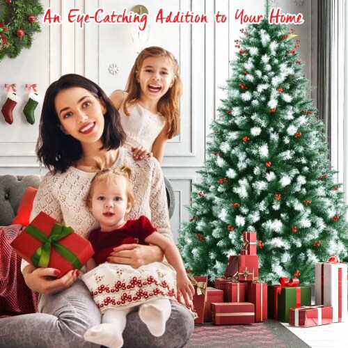 7ft Unlit Hinged Artificial Christmas Tree w/ Snow Flocked Tips and Red Berries Perspective: back