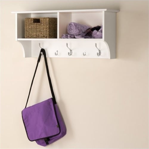 Pemberly Row 36 Wide Entryway Hanging Shelf with Hooks in White, 1