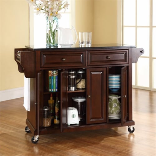Wood Solid Black Granite Top Kitchen Cart in Mahogany Brown - Pemberly Row Perspective: back