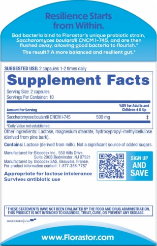 Florastor® Daily Probiotic Supplement Capsules 250mg Perspective: back
