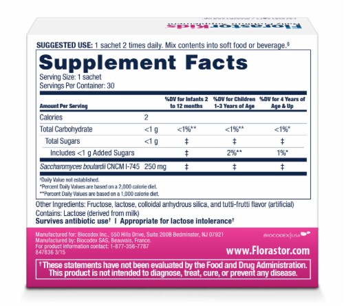 FlorastorKids Daily Probiotic Supplement Powder Sachets 250mg Perspective: back