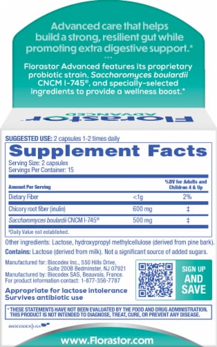 Florastor Pre Daily Probiotic & Fiber Supplement Capsules 250mg Perspective: back