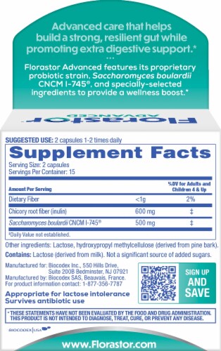 Florastor Advanced Probiotic & Prebiotic Supplement Capsules Perspective: back