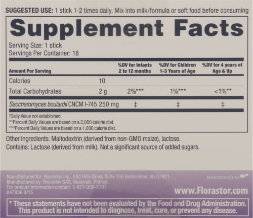 Florastor Baby Daily 250mg Probiotic Supplement Powder Sticks Perspective: back