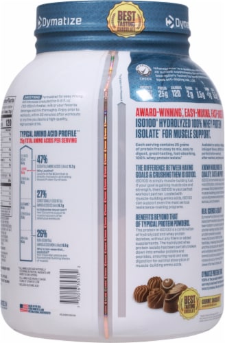 Dymatize® ISO100® Hydrolyzed Gourmet Chocolate 100% Whey Protein Isolate Powder Perspective: back