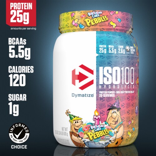 Dymatize® ISO 100® Hydrolyzed Birthday Cake Pebbles™ Protein Powder Perspective: back