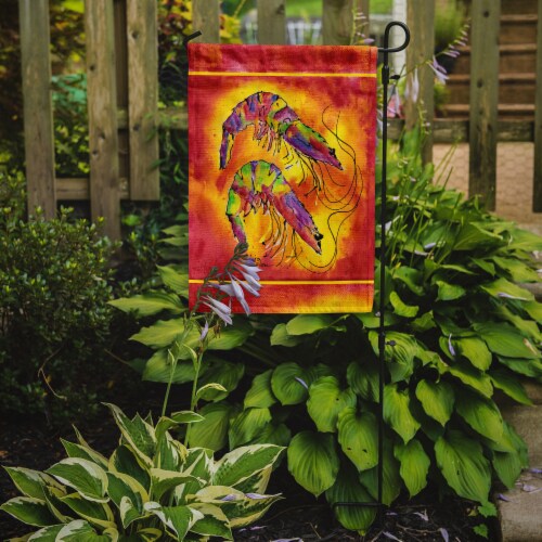Carolines Treasures 8378GF Bright Shrimp on Red Garden Flag Perspective: back