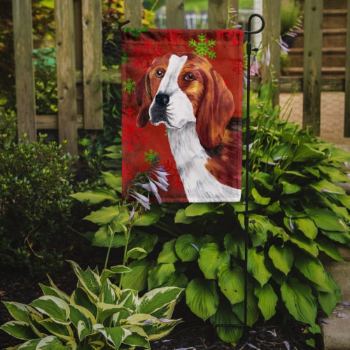 Beagle Red and Green Snowflakes Holiday Christmas Garden Flag Perspective: back