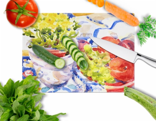 Apples, Plums and Grapes with Flowers Glass Cutting Board Large Perspective: back