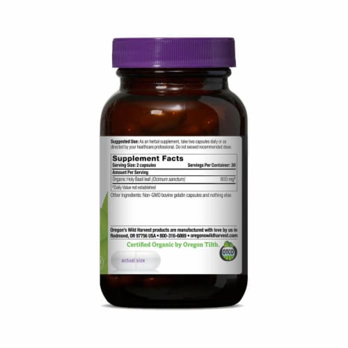 Oregon's Wild Harvest Holy Basil Vegetarian Capsules Perspective: back