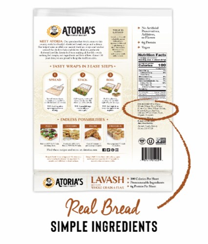 Atoria's Family Bakery Lavash with Whole Grain & Flax Flatbread 3-Packs of 5 Flatbread (15) Perspective: back