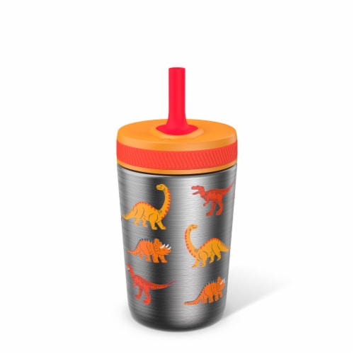 Zak! Designs Dinomite Antimicrobial Stainless Steel Double Walled Leakproof Water Bottle + Straw Perspective: back
