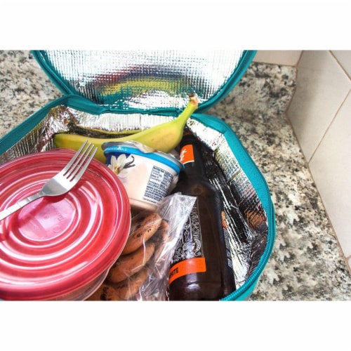 Insulated Round Thermal Casserole Food Carrier for Lunch, Teal and Grey Perspective: back
