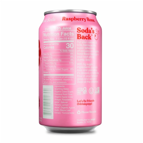 Poppi Raspberry Rose Prebiotic Soda Can Perspective: back