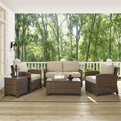 5-Piece Outdoor Wicker With Sand Cushions - Loveseat, Two Arm Chairs, Side Table Perspective: back