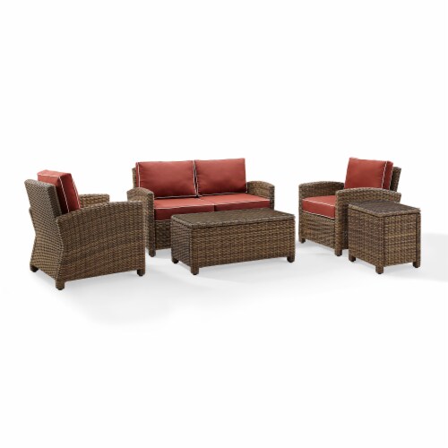 5-Piece Outdoor Wicker Loveseat, Two Arm Chairs, Side Table & Glass Top Table Perspective: back