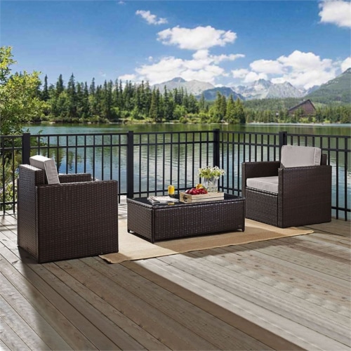 3 Piece Outdoor Seating Set With Gray Cushions - Two Outdoor Chairs & Glass Top Table Perspective: back