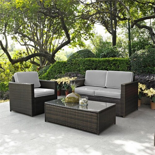 3 Piece Outdoor Wicker Seating Set With Gray Cushions - Loveseat, Chair & Glass Top Table Perspective: back