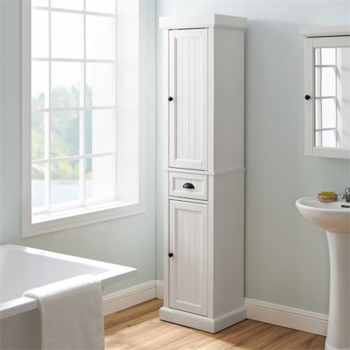 Crosley Seaside 2 Drawer Linen Cabinet in Distressed White Perspective: back