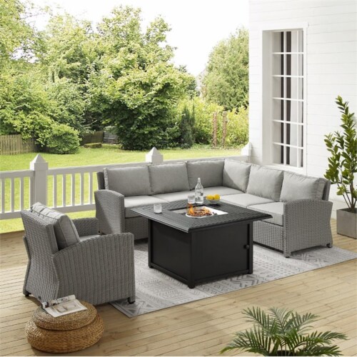 Crosley Bradenton 5 Piece Wicker Sectional Set with Fire Table in Gray Perspective: back
