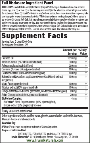 Irwin Naturals Advanced Yohimbe-Plus Dietary Supplement Liquid Soft Gels Perspective: back