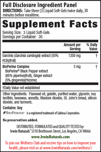 Irwin Naturals Garcinia HCA Fat Reduction Diet Liquid Softgels Perspective: back