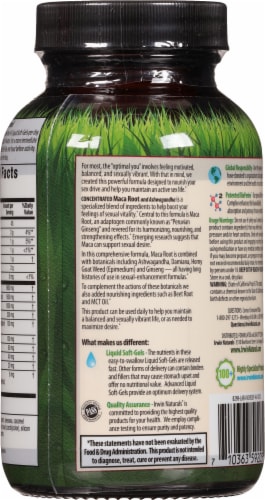 Irwin Naturals® Concentrated Maca Root and Ashwagandha Dietary Supplement Liquid Soft Gels Perspective: back