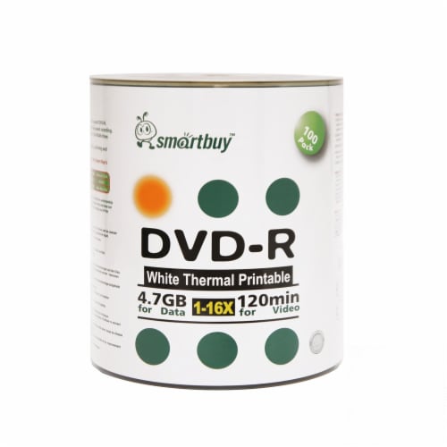 100 Pack Smartbuy 16X DVD-R 4.7GB 120Min White Thermal Hub Printable Data Blank Media Disc Perspective: back