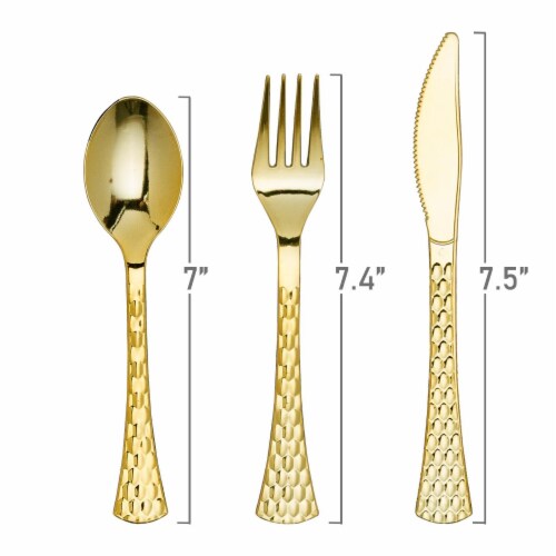 Shiny Metallic Gold Glamour Plastic Cutlery Set - Spoons, Forks and Knives (600 Guests) Perspective: back