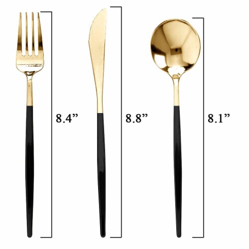 Gold with Black Handle Moderno Plastic Cutlery Set - Spoons, Forks, Knives (240 Guests) Perspective: back
