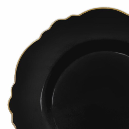7.5  Black with Gold Rim Round Blossom Disposable Plastic Appetizer/Salad Plates (120 Plates) Perspective: back