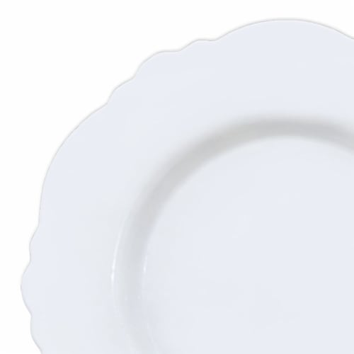 10.25  Solid White Round Blossom Disposable Plastic Dinner Plates (120 Plates) Perspective: back