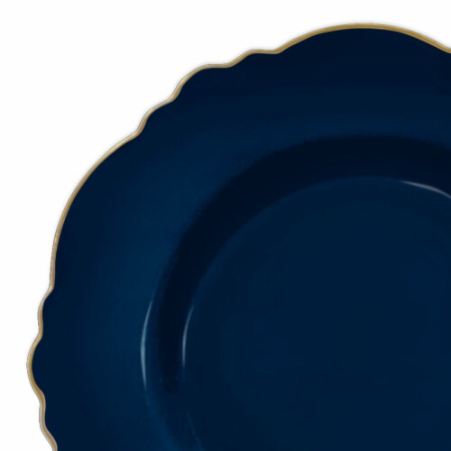 Navy with Gold Rim Round Blossom Disposable Plastic Dinner Plates - 10. ...