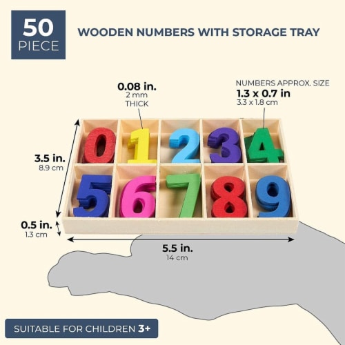 Wooden Numbers for Learning Games, Educational Tool (Rainbow Colors, 50 Pieces) Perspective: back